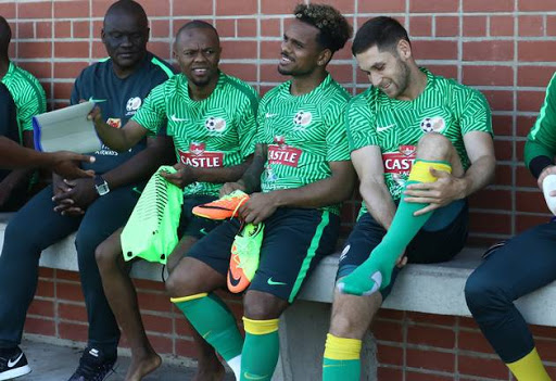 Thulani Serero , Kermit Erasmus and Dean Furman during the South African national mens soccer team training session at People’s Park on March 21, 2017 in Durban, South Africa.