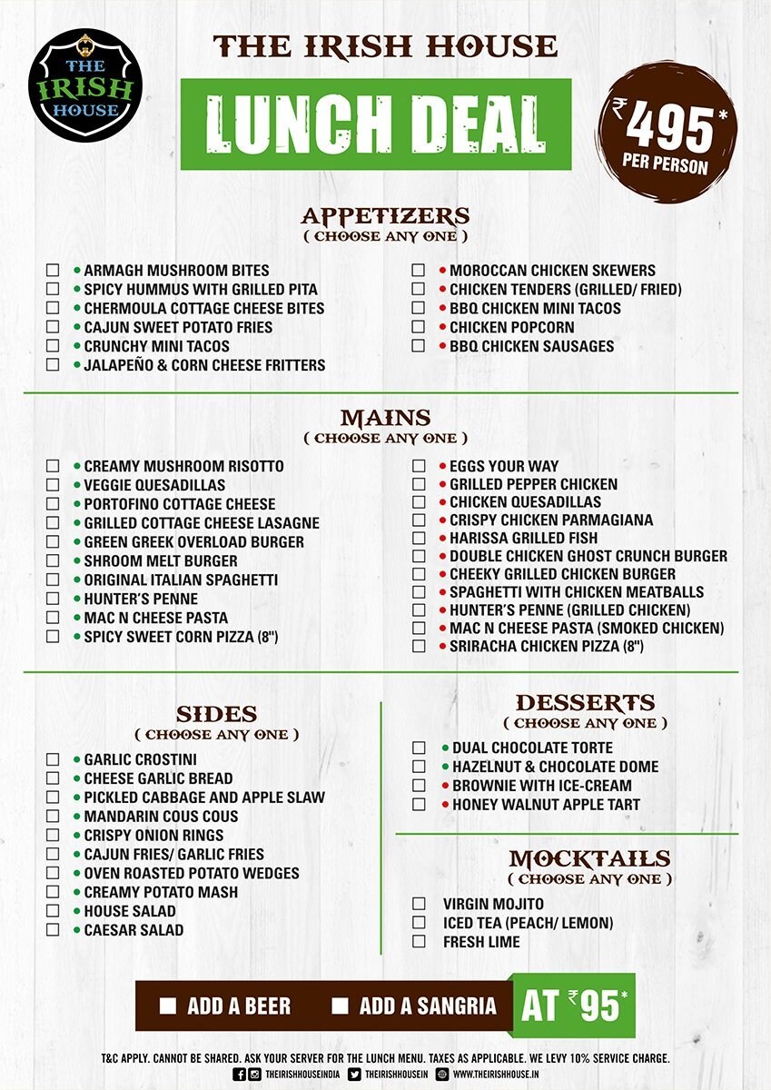 Menu Of The Irish House Sector 18 Noida Magicpin