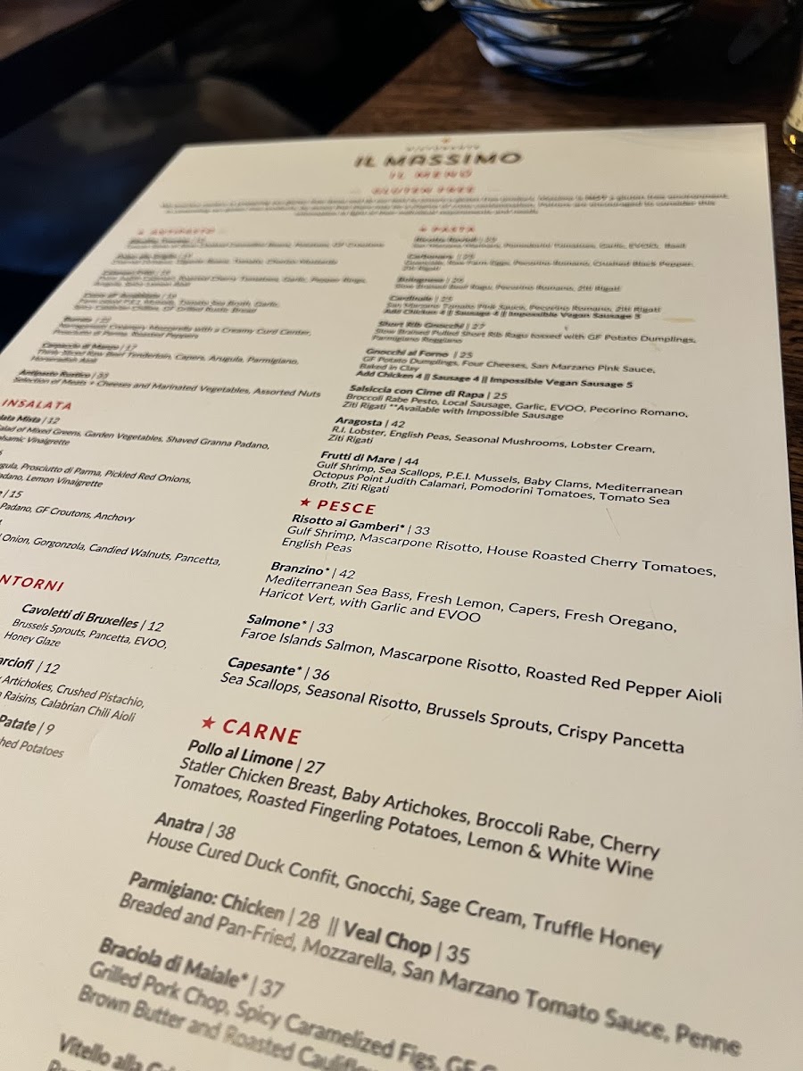 Massimo Ristorante gluten-free menu