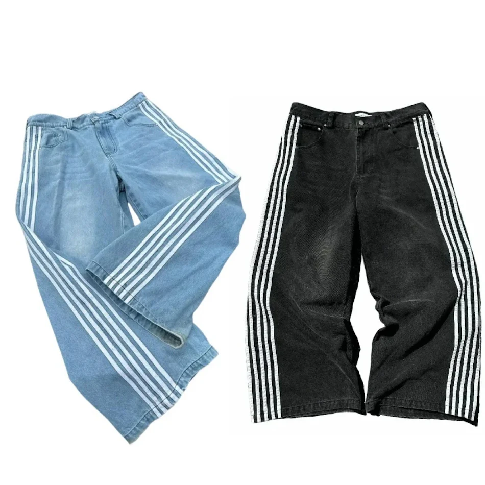 Jeans Bordados com Costura Listrada Vintage Masculinos