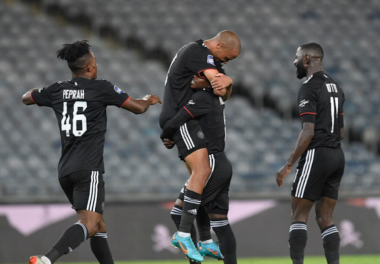 Goodman Mosele of Orlando Pirates celebrates a goal in the DStv Premiership match against Supersport United at Orlando Stadium on March 16 2022.