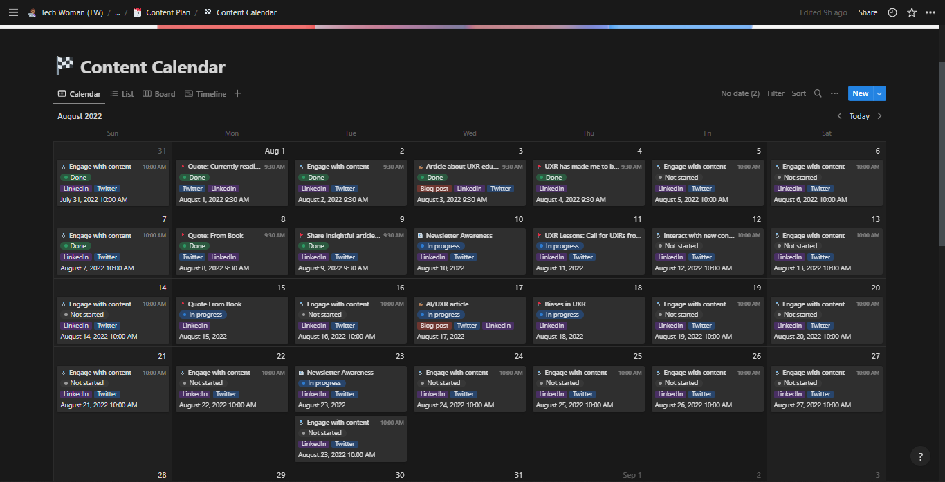 Screenshot of my content calendar for 2022