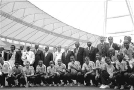 RARING TO GO: Bafana players with Fifa and Safa officials during the 100 days to kickoff countdown celebrations in Durban. Pic: THULI DLAMINI. 02/03/2010. © Sowetan.