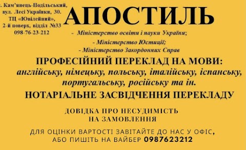 Переклад документів. Апостиль. Бюро перекладів. Кам'янець-Подільський ТЦ Ювілейний