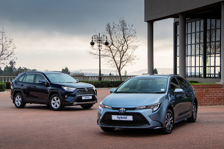 The new Rav4 Hybrid (left) and Corolla Hybrid.