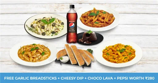 Any 4 Pastas [FREE Garlic Breadsticks + Cheesy Dip + Choco Lava + Pepsi Black]