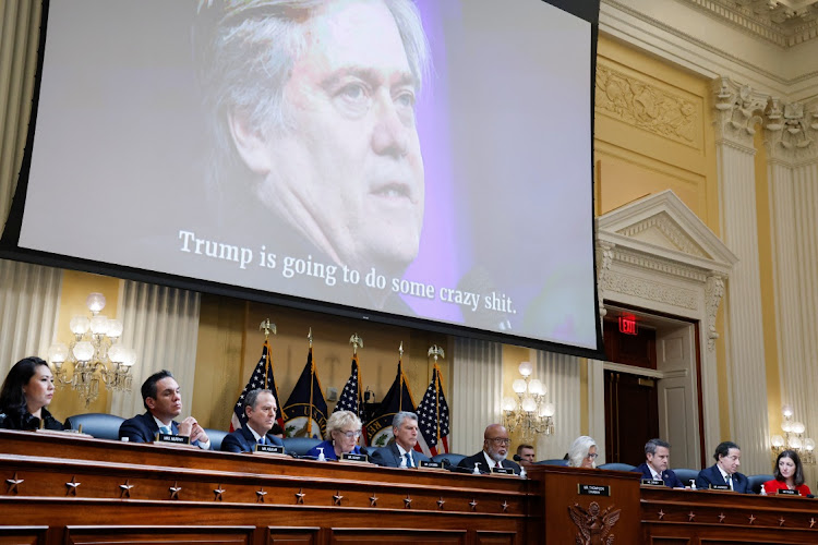 An image of Steve Bannon, former adviser to former US President Donald Trump, is displayed during a public hearing on Capitol Hill in Washington, US, October 13, 2022.