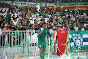 Al-Ahli Saudi goalkeeper Mohammed Al-Rubaie celebrates with the club's supporters after their 3-0 Yelo League win against Al Jabalain at Prince Abdullah al-Faisal Stadium in Jeddah, Saudi Arabia on January 24 2023.

