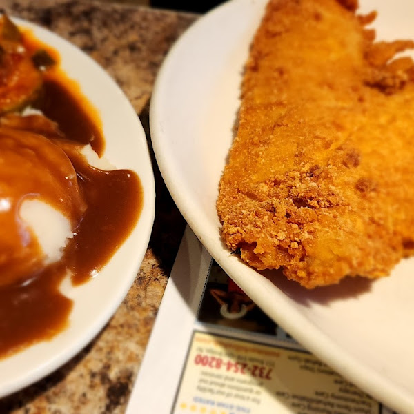 Fried GF flounder with mashed potatoes and stewed zucchini