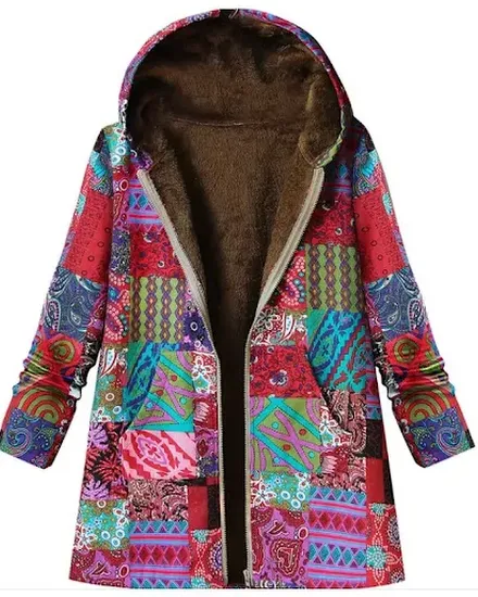 Warm Printing Pocket Thickened Zipper Hooded Coat Coat Co... - 3