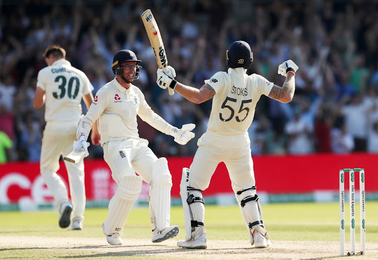 England's Ben Stokes and Jack Leach celebrate winning the Ashes third Test against Australia at Headingley, Leeds on August 25, 2019