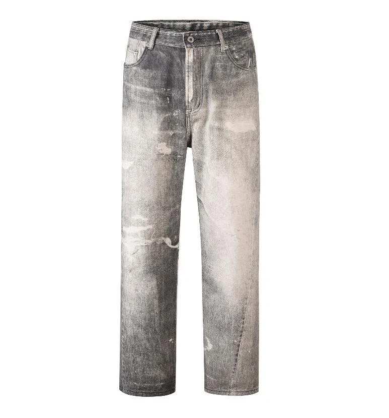 Pantalones de hombre Daddy Jeans Ground White Gray Wash con agujeros y bigotes de gato