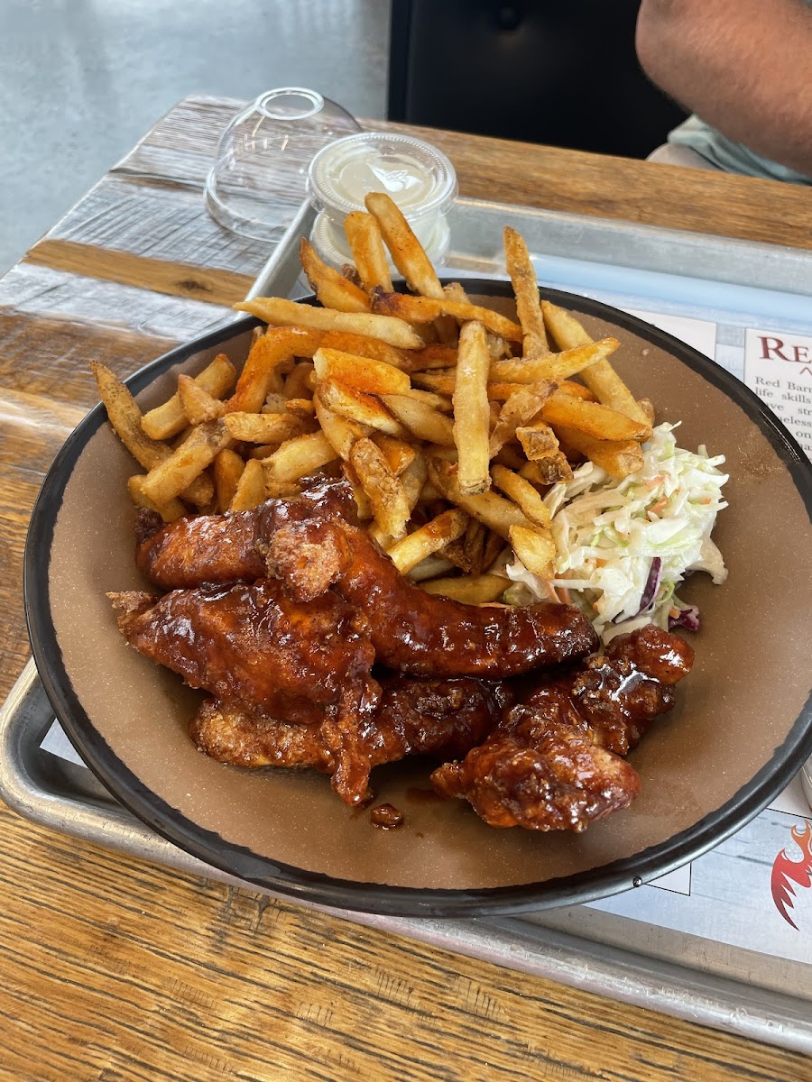 GF 5 piece Chicken Tenders w/BBQ sauce, fries, and coleslaw