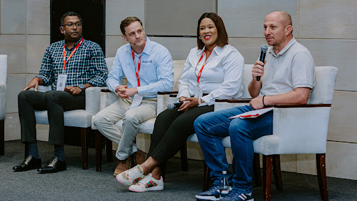 Panel discussion at the 2024 ITWeb BI Summit. From left to right: Jay Naidoo, Iwan Rynders, Ncumisa Hlapo and Dominic Albrecht.