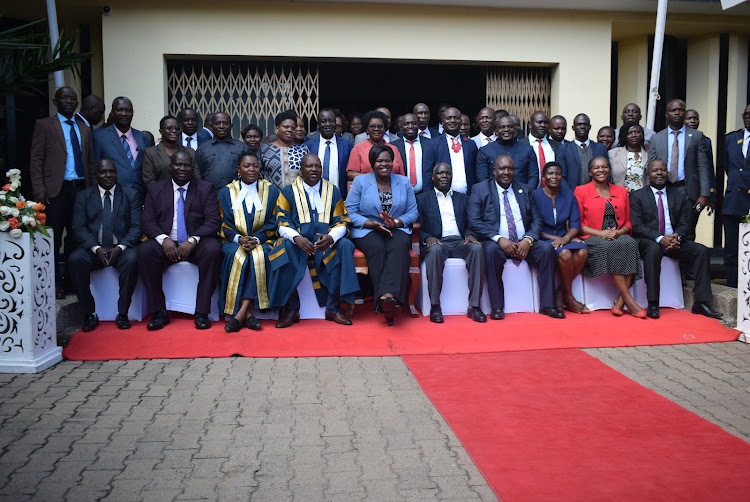 Homa Bay county assembly speaker Julius Gaya, Governor Gladys Wanga, her deputy Oyugi Magwanga, clerk Faith Apuko and MCAs on May 9, 2024