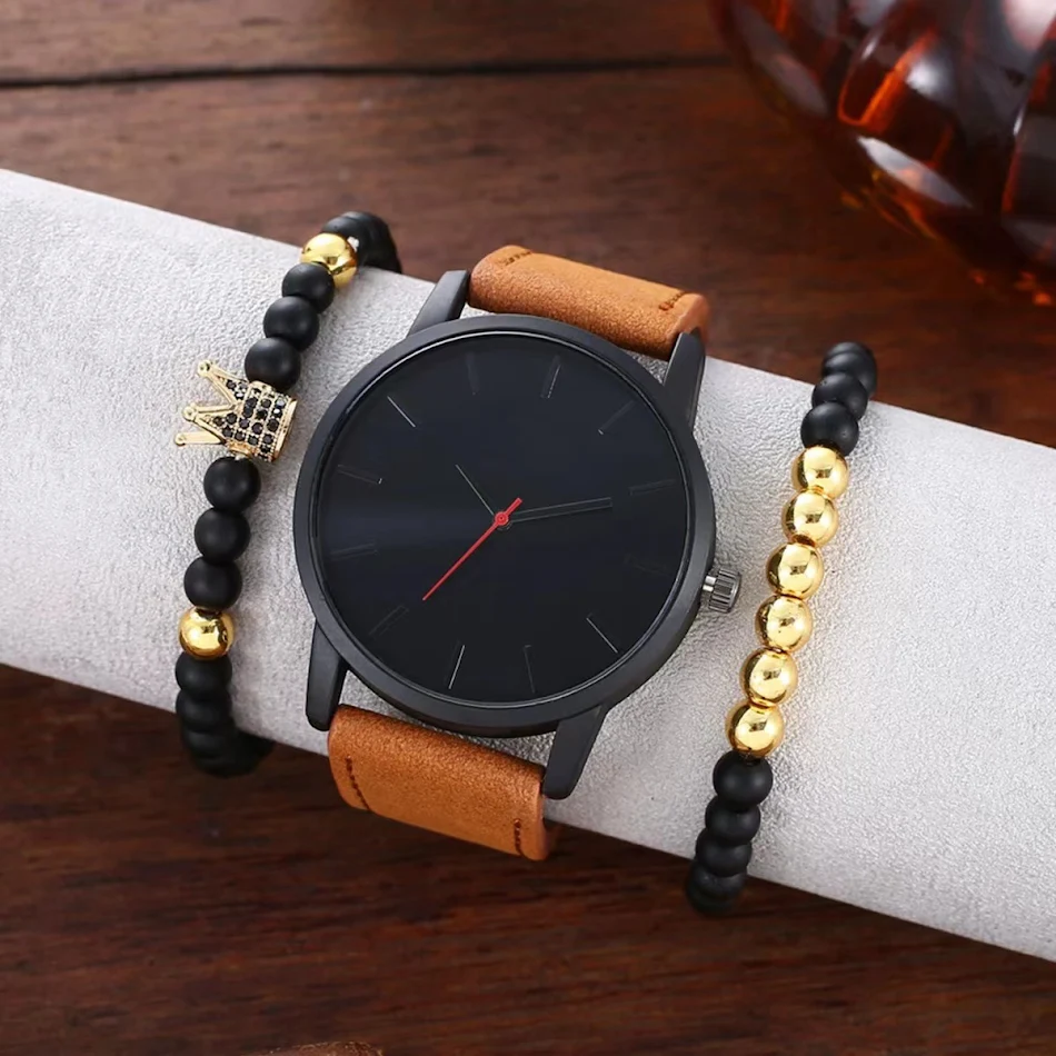 Men's large dial casual simple scale frosted belt quartz watch with crown bracelet. A stylish and practical timepiece fo
