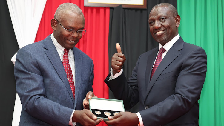 Central Bank Governor Kamau Thugge and President William Ruto during the launch of the DhowCSD on Tuesday, September 11, 2023.