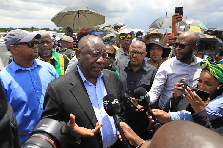 ANC president Cyril Ramaphosa engages with the media after laying a wreath at the gravesite of former ANC president Zaccheus Mahabane in Maokeng, in the Free State.