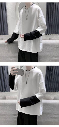 Title 4, Pure Color Stitching Trendy Fake Two Piece Long...