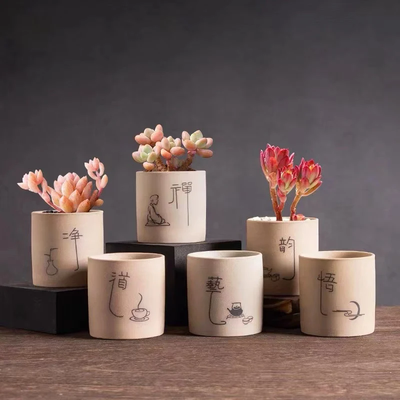 Einfaches Keramik-Sukkulenten-Blumentopf-Set, Indoor-Pflanzen-Daumen-Topf, atmungsaktiv, aus Steinzeug, Tischdekoration, klein O.