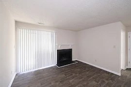 Living room with fireplace, patio door, and wood-inspired flooring