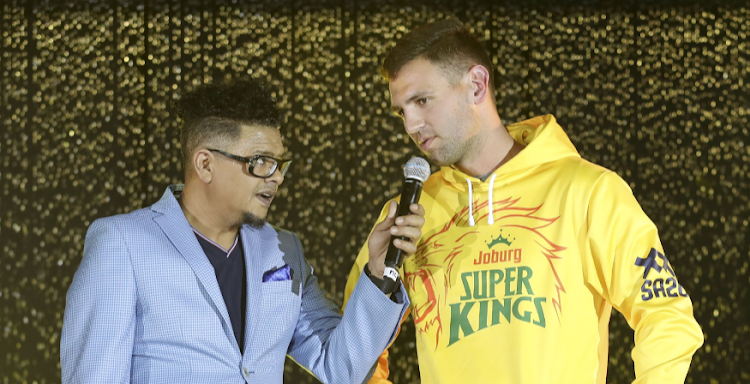 Joburg Super Kings’ Donovan Ferreira speaks to comedian Joey Rasdien at the launch of the SA20. Picture: MUZI NTOMBELA/ BACKPAGEPIX