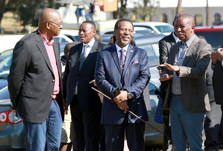 EFF national chairperson Dali Mpofu, King Goodwill Zwelithini and EFF leader Julius Malema during the party's visit at Linduzulu Royal Palace in Nongoma on Thursday.