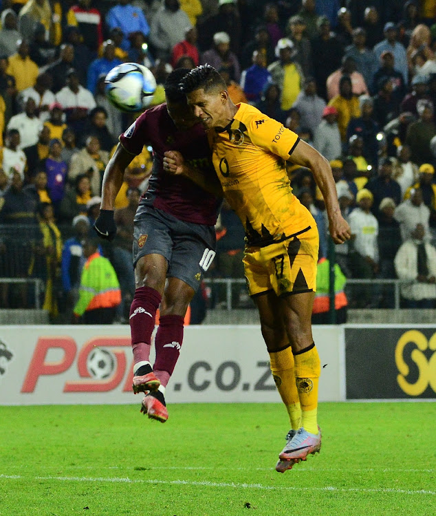 Nhlanhla Mgaga of Stellenbosch FC and Edson Castillo of Kaizer Chiefs challenges for the header during the DStv Premiership match between Stellenbosch FC and Kaizer Chiefs at Athlone Stadium on Wednesday