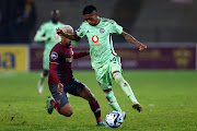 Monnapule Saleng of Orlando Pirates trying to evade a tackle  during the DStv Premiership match between Stellenbosch FC and Orlando Pirates at Danie Craven Stadium on August 05, 2023 in Stellenbosch, South Africa.