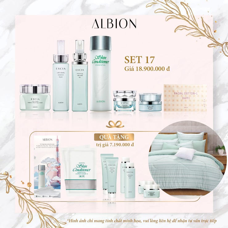 Mua set 17 nhận phần quà tặng trị giá 7.190.000 đ gồm:  

1 bộ drap cao cấp thương hiệu Akemi Uchi (kích thước 1m8 x 2m, màu sắc được lựa chọn ngẫu nhiên)
2 mặt nạ dưỡng hiệu chỉnh da Skin Conditioner Essential Paper Mask E 12ml 
2 kem dưỡng chống lão hóa tối ưu Excia Eternal Stem Nova Cream 5g
2 sữa dưỡng trắng da chống lão hóa tối ưu Excia Whitening Extra Rich Milk SV 30g
2 nước dưỡng trắng da chống lão hóa Excia Whitening Lotion SV 30ml
1 phiếu chăm sóc da chuyên sâu đặc biệt