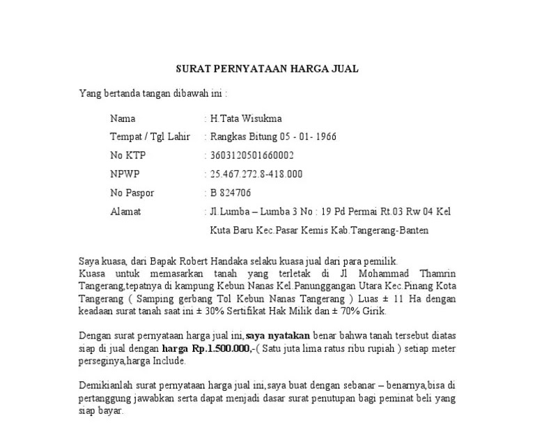 Contoh Surat Penawaran Jual Tanah