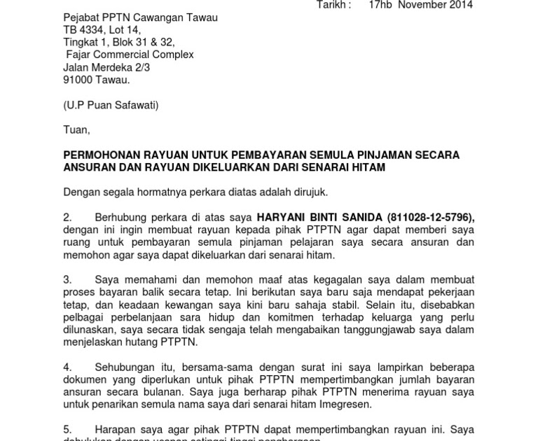 Contoh Surat Permohonan Bayaran Ansuran