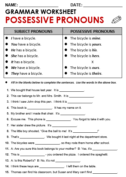 Possessive Pronouns Exercises Pdf With Answers Exercise Poster