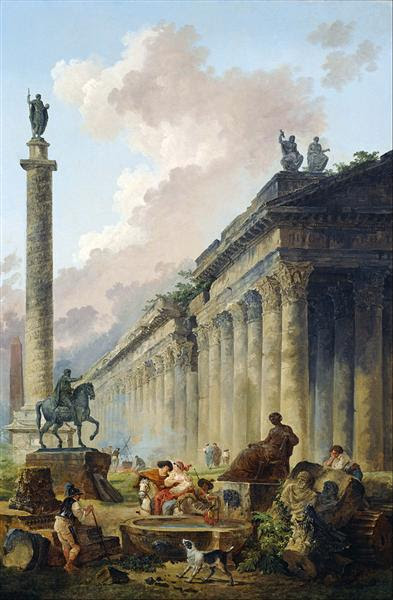 Imaginary View of Rome with Equestrian Statue of Marcus Aurelius, the Column of Trajan and a Temple - Robert Hubert