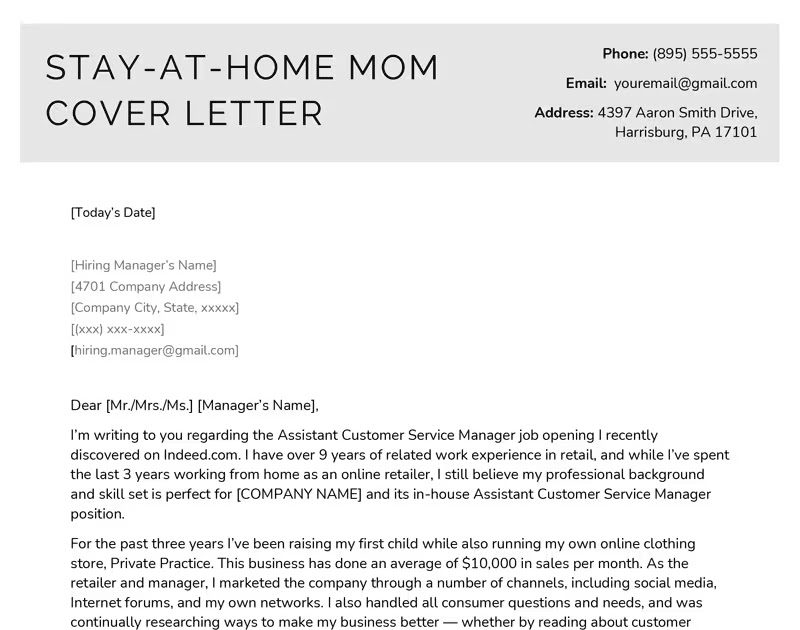 cover letter for parent returning to work