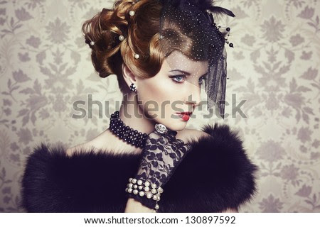 Retro portrait of beautiful woman. Vintage style. Fashion photo - stock photo