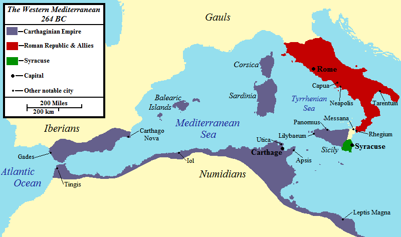 Map of the western Mediterranean at the time of the First Punic War in 264 BCE.