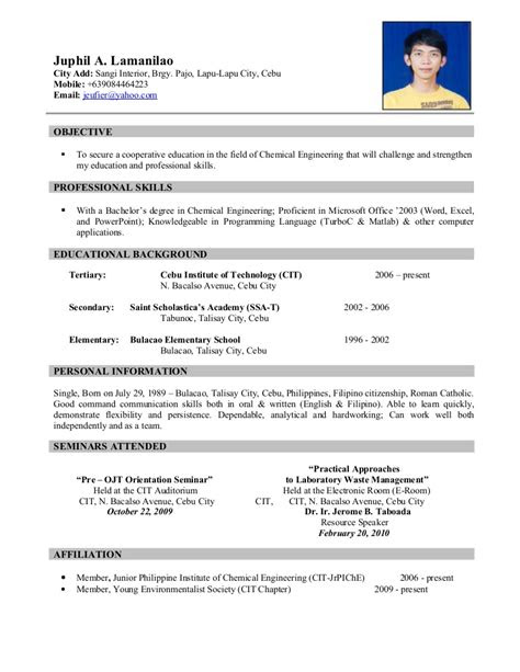 sample resume for ojt students job training