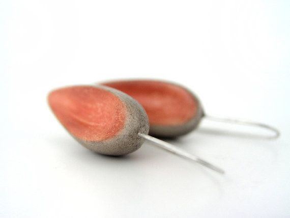 http://www.pinterest.com/pin/211739619953878835/ Dark salmon grey tan clay drop earrings, air dry clay, medium long earrings, minimal jewelry, nature inspired, organic, sterling, on Etsy, $20.00