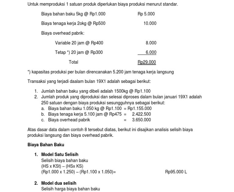 Contoh Soal Perhitungan Biaya Standar