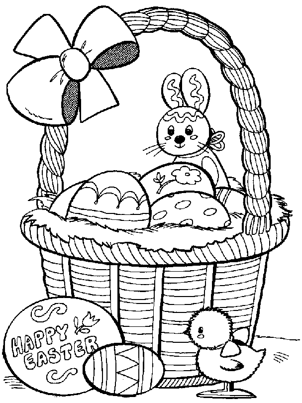 Free Easter Coloring Book Pages of easter eggs, baskets, bunnies, and little chicks.
