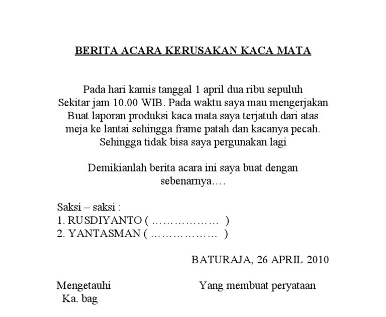 Contoh berita acara kerusakan barang inventaris