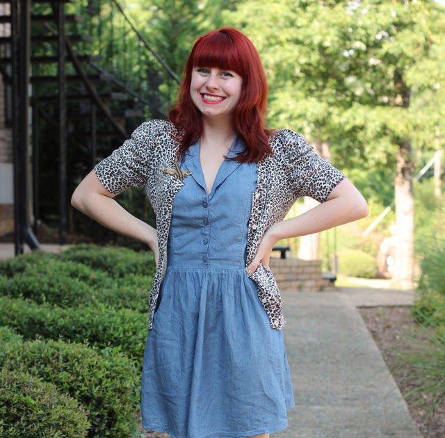 Airplane Pin with a Denim Dress, Leopard Cardigan, & Keds