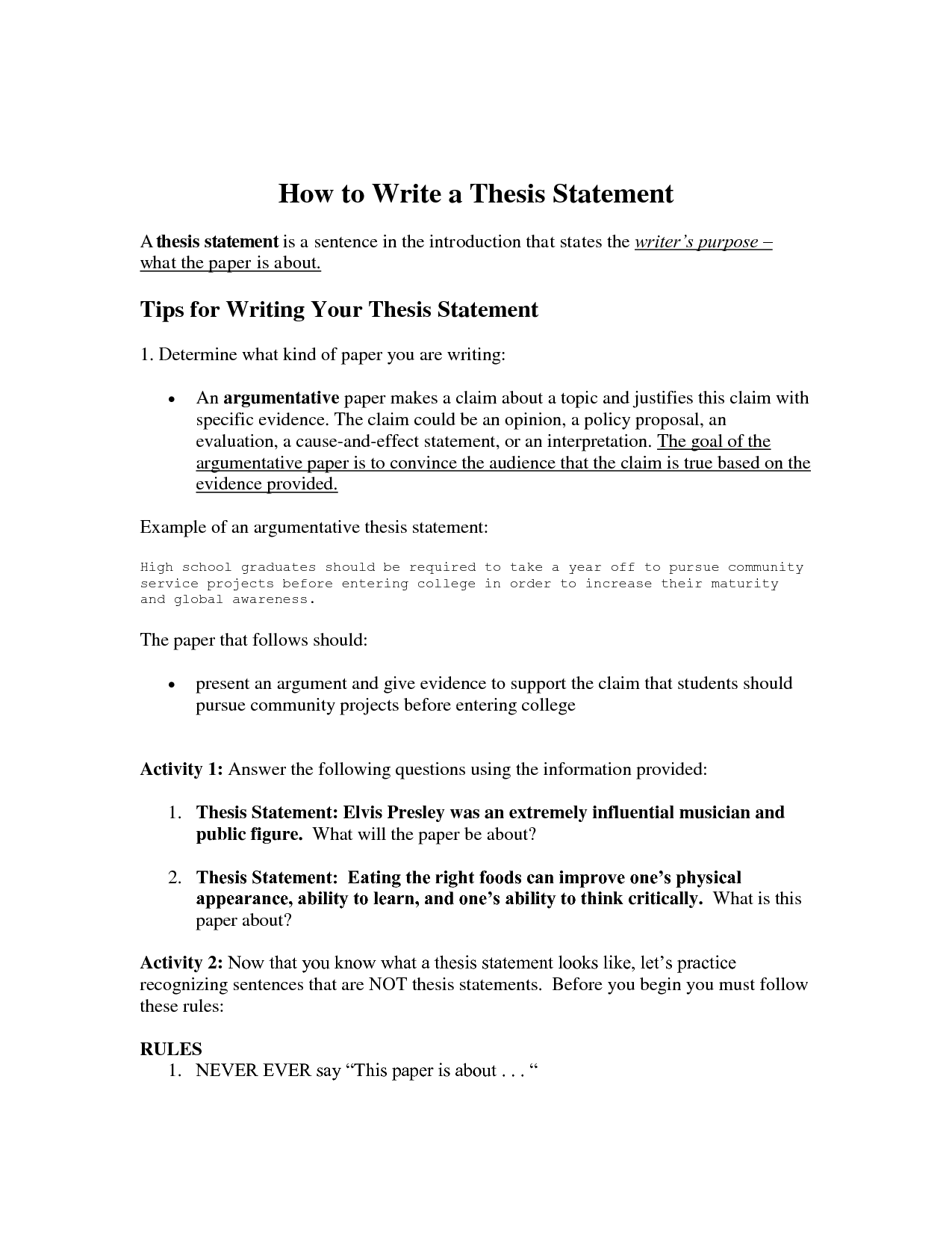 what is a thesis statement - how to write a thesis statement Inside Thesis Statement Practice Worksheet
