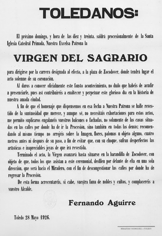 Bando del Alcalde Fernando Aguirre con motivo de la Coronación de la Virgen del Sagrario en 1926. Ayuntamiento de Toledo, Archivo Municipal
