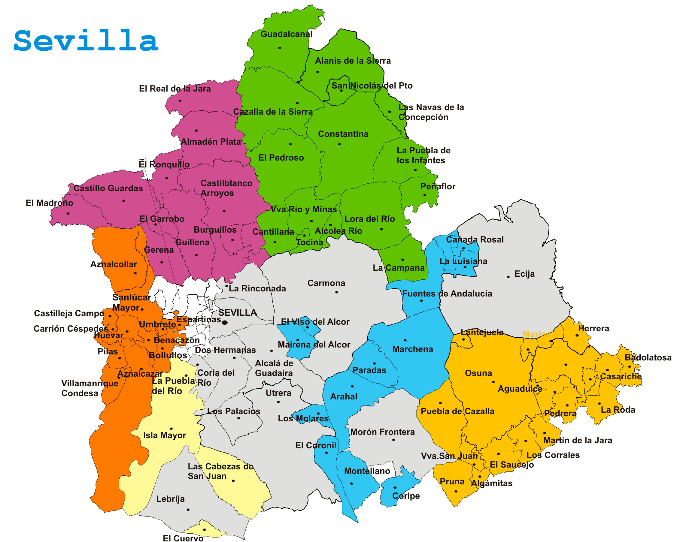 mapa de la provincia de sevilla con sus pueblos