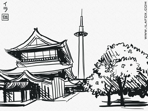 ilustração, contraste, técnica nanquim, Japão, contrastes, torre de Kyoto, Higashi Honganji, ilustração by ila fox