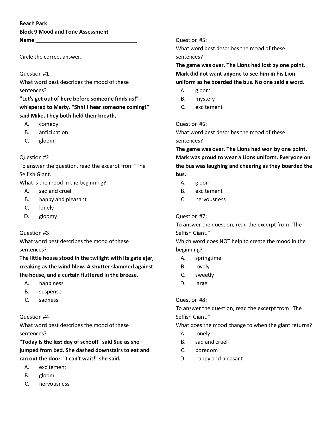 Tone Vs Mood Worksheet