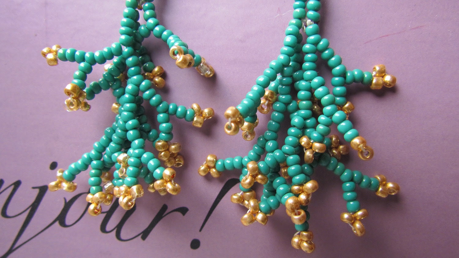 Coral Beaded Earrings Green and Gold Small Made To Order - freesoul Coral Beaded Earrings Green and Gold Small Made To Order - freesoul