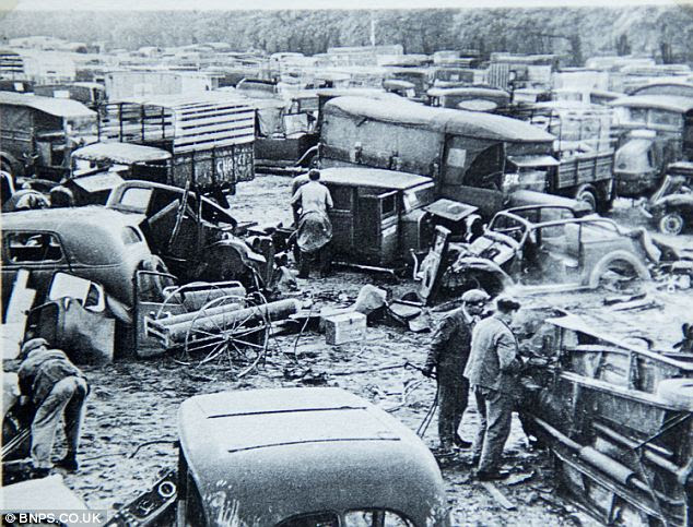 Chaotic scene of abandoned vehicles at Dunkirk.